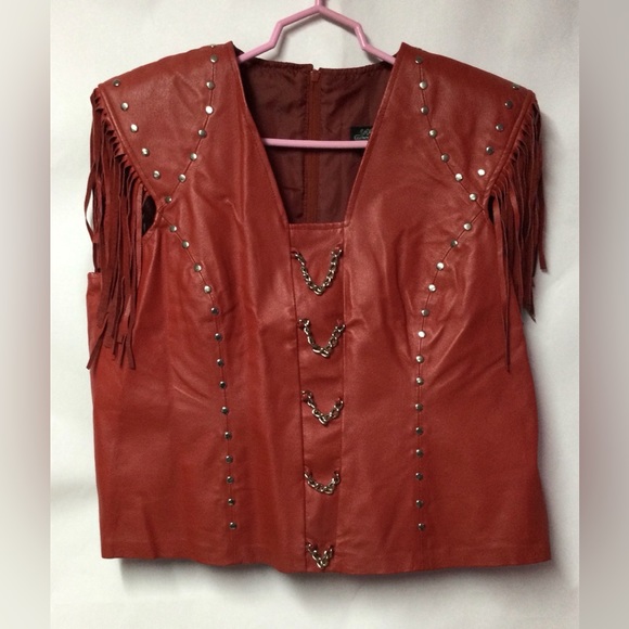 Leather Gallery Tops - Vintage Leather Gallery Red Fringe studded top. 2X